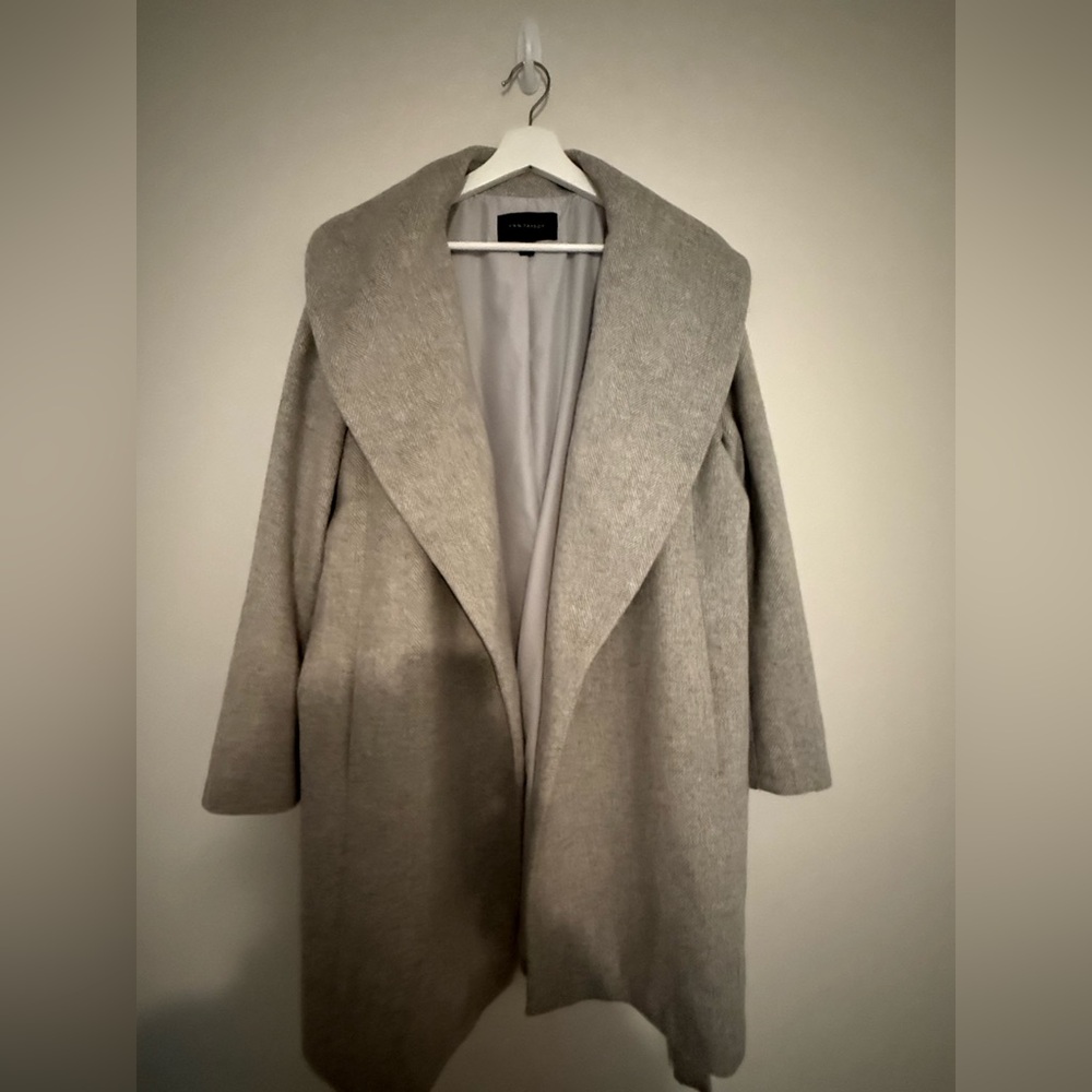 Ann Taylor Wool Blend Shawl Collar Wrap Belt Grey Herringbone Coat